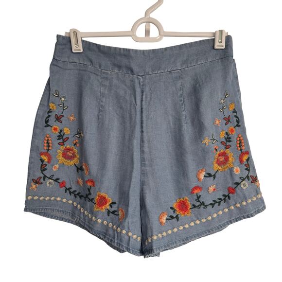 Women's Francesca's Lyocell Chambray Floral Embroidered Pull On Shorts | Size XS - Picture 1 of 8